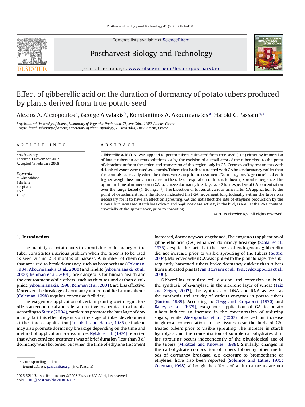 Effect of gibberellic acid on the duration of dormancy of potato tubers produced by plants derived from true potato seed