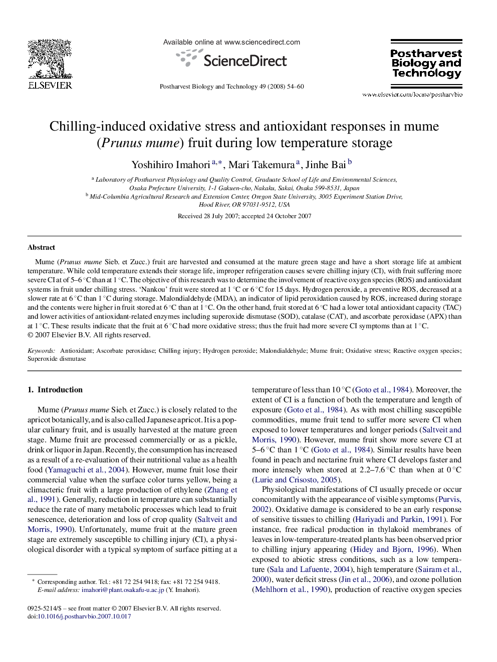 Chilling-induced oxidative stress and antioxidant responses in mume (Prunus mume) fruit during low temperature storage