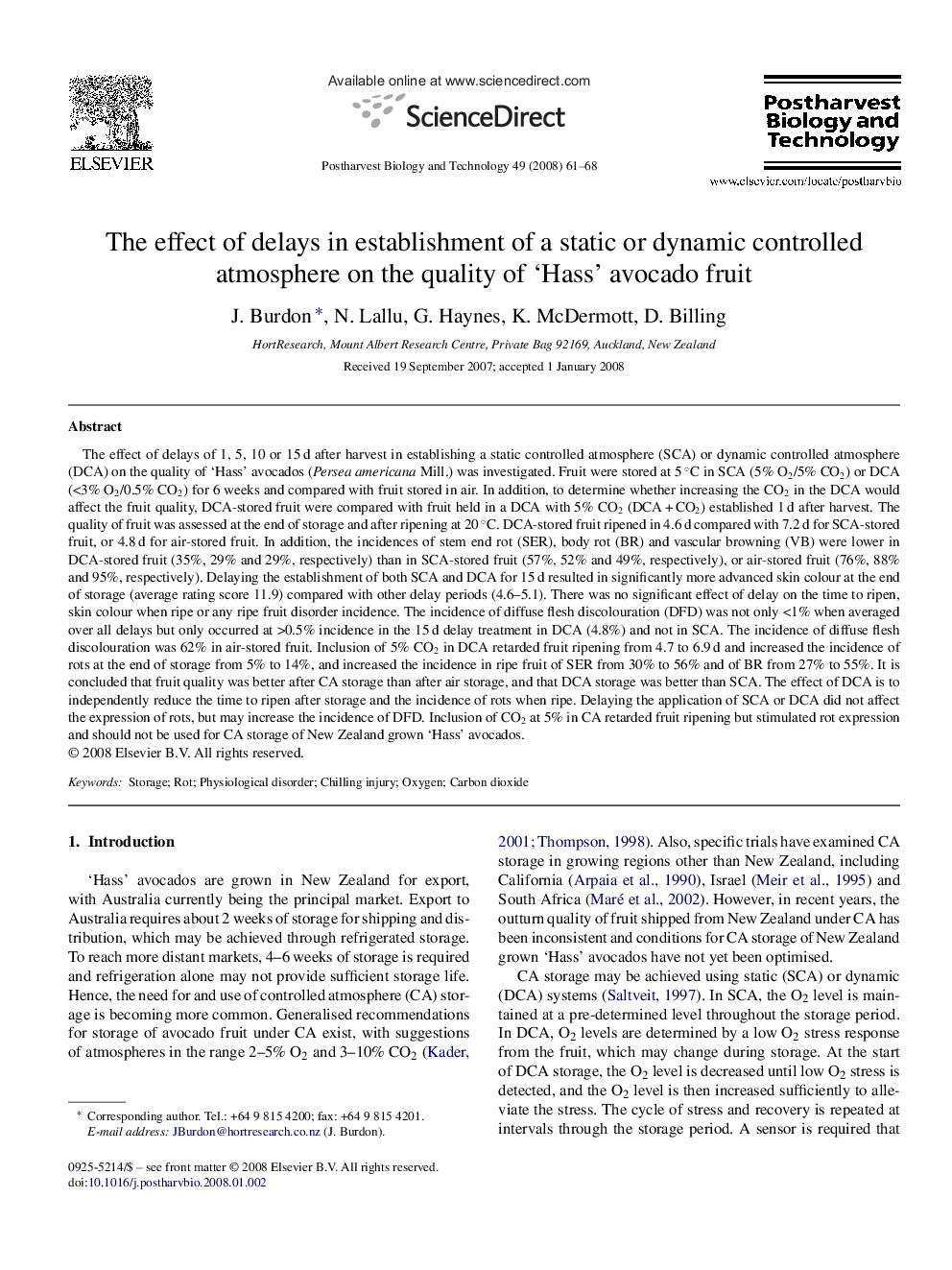 عکس صفحه اول مقاله: The effect of delays in establishment of a static or dynamic controlled atmosphere on the quality of ‘Hass’ avocado fruit The effect of delays in establishment of a static or dynamic controlled atmosphere on the quality of ‘Hass’ avocado fruit