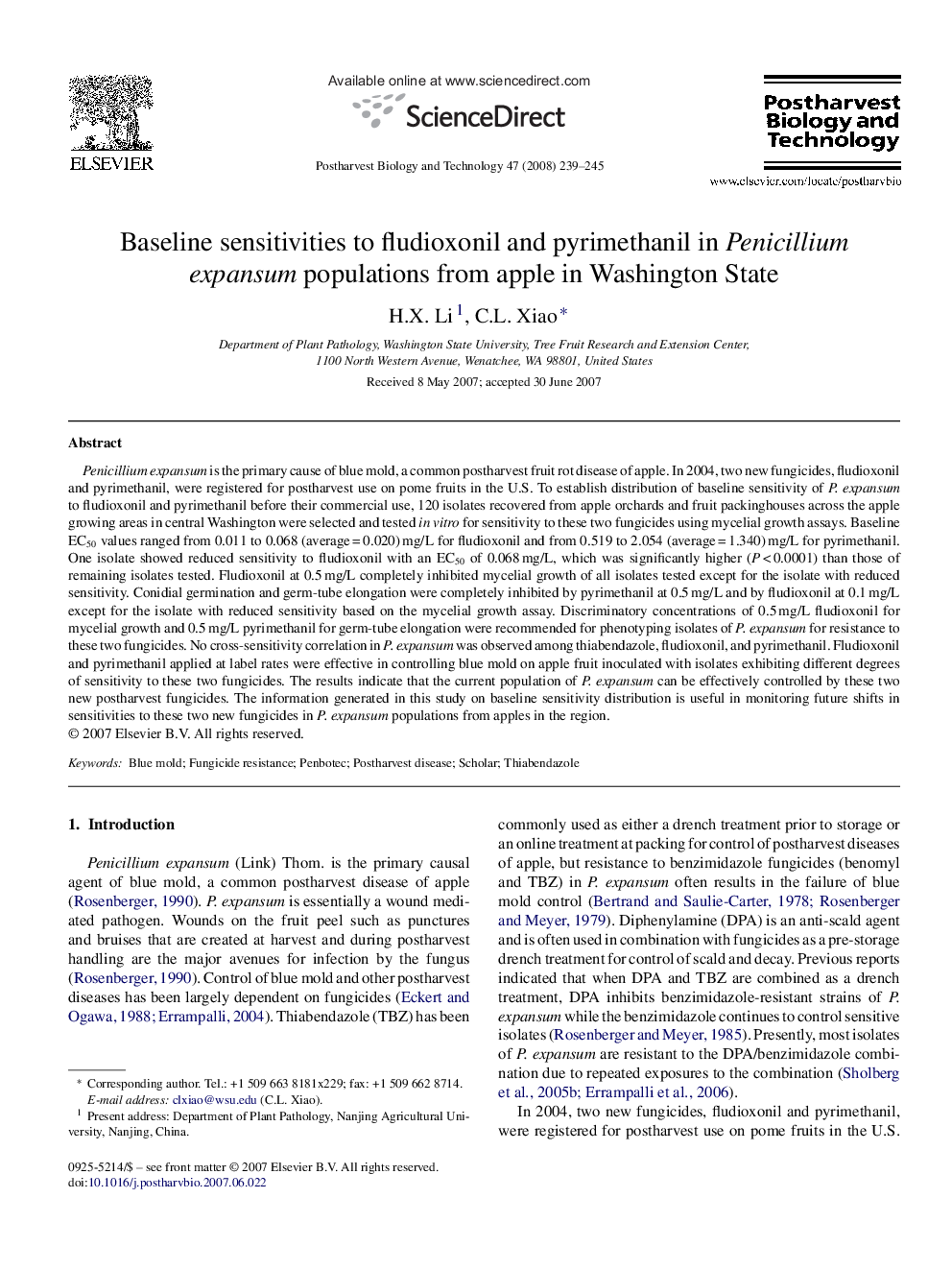 Baseline sensitivities to fludioxonil and pyrimethanil in Penicillium expansum populations from apple in Washington State