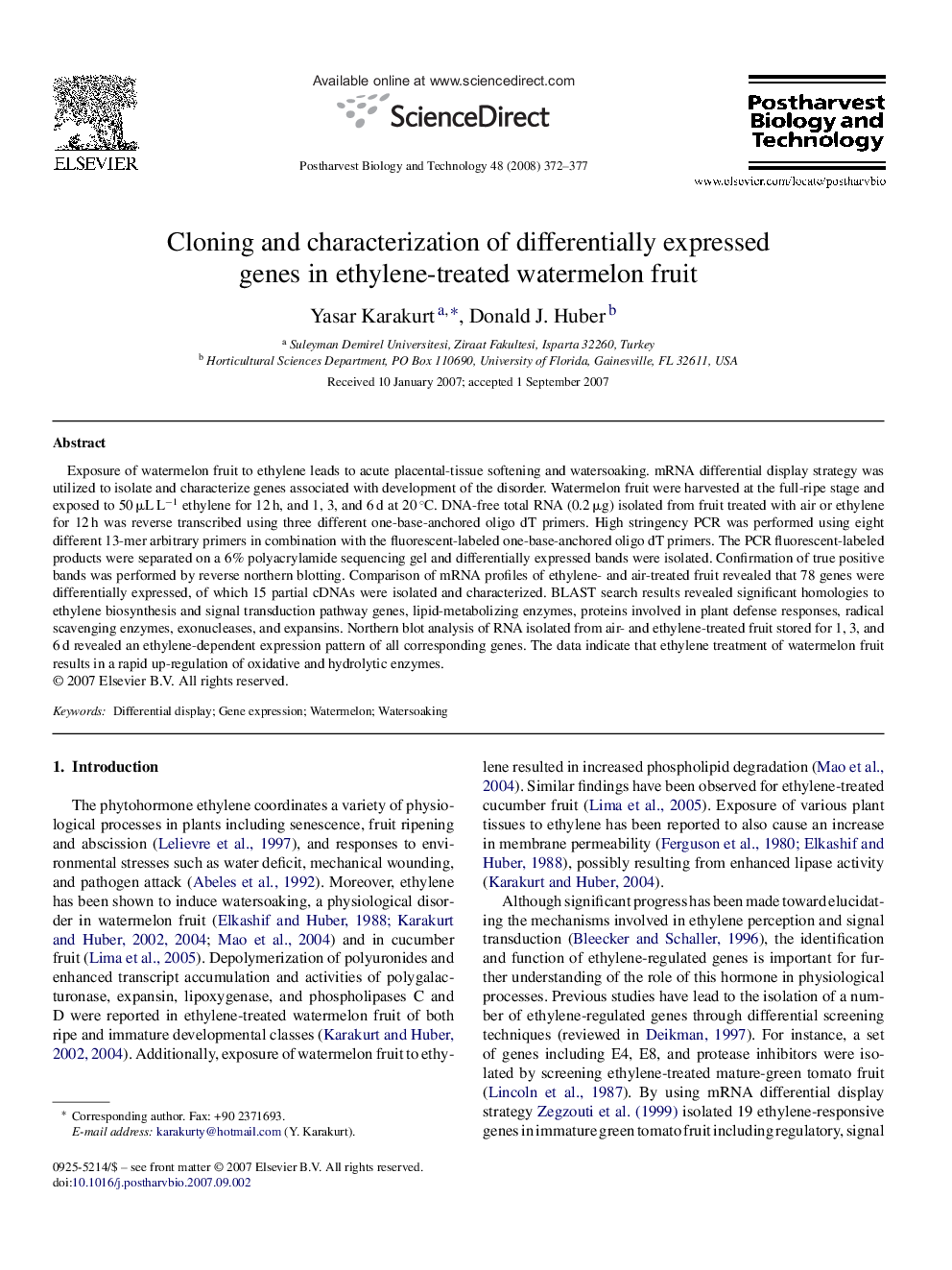 Cloning and characterization of differentially expressed genes in ethylene-treated watermelon fruit