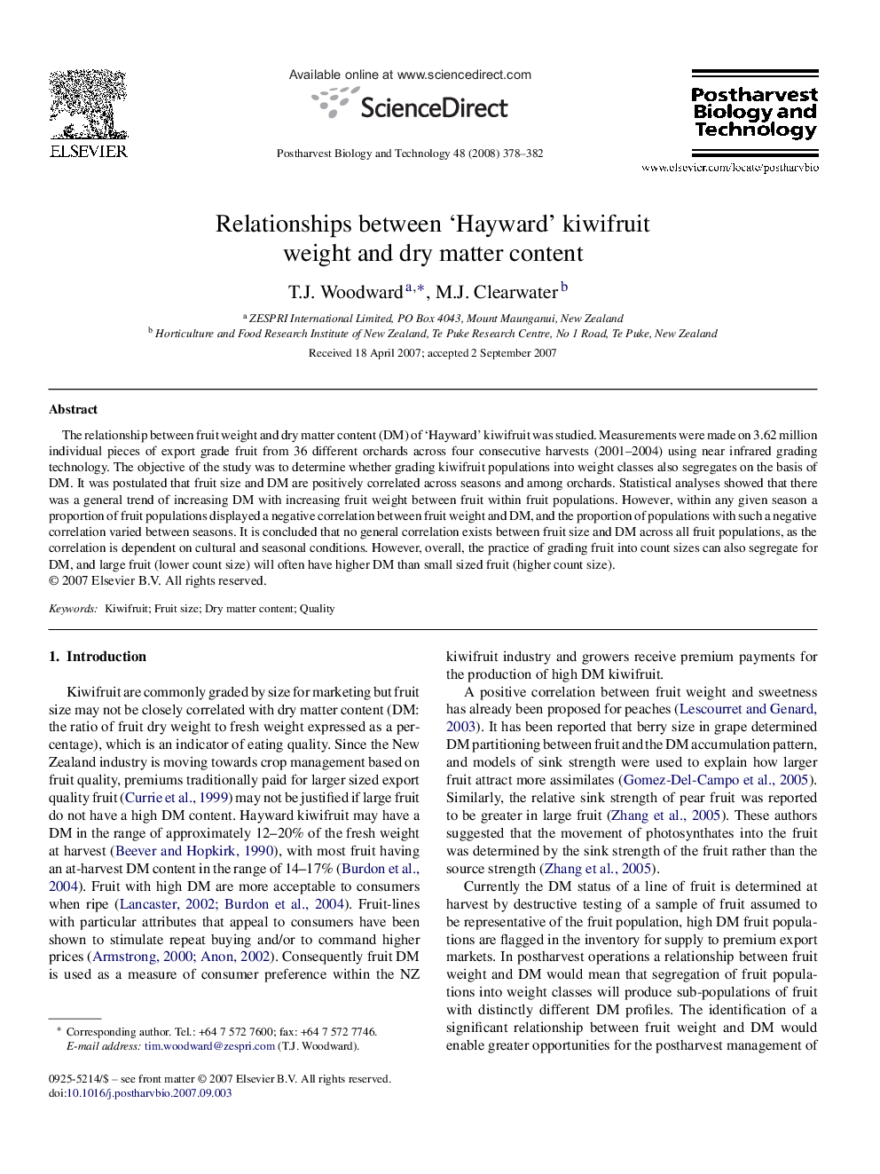 Relationships between ‘Hayward’ kiwifruit weight and dry matter content