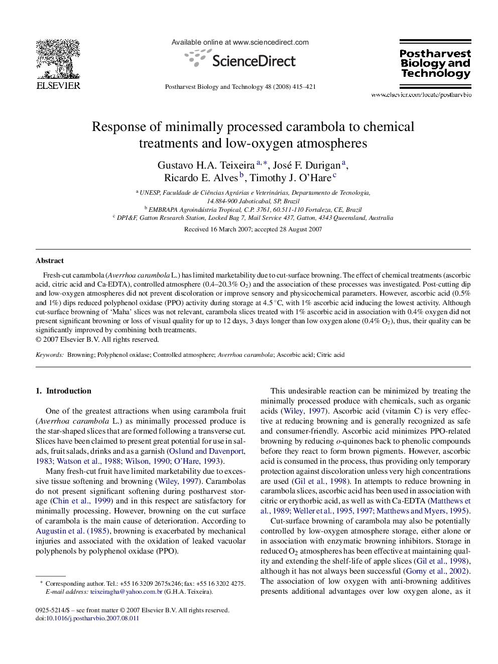 Response of minimally processed carambola to chemical treatments and low-oxygen atmospheres