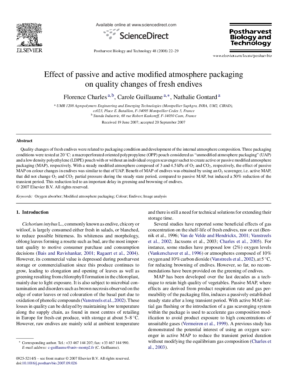 Effect of passive and active modified atmosphere packaging on quality changes of fresh endives