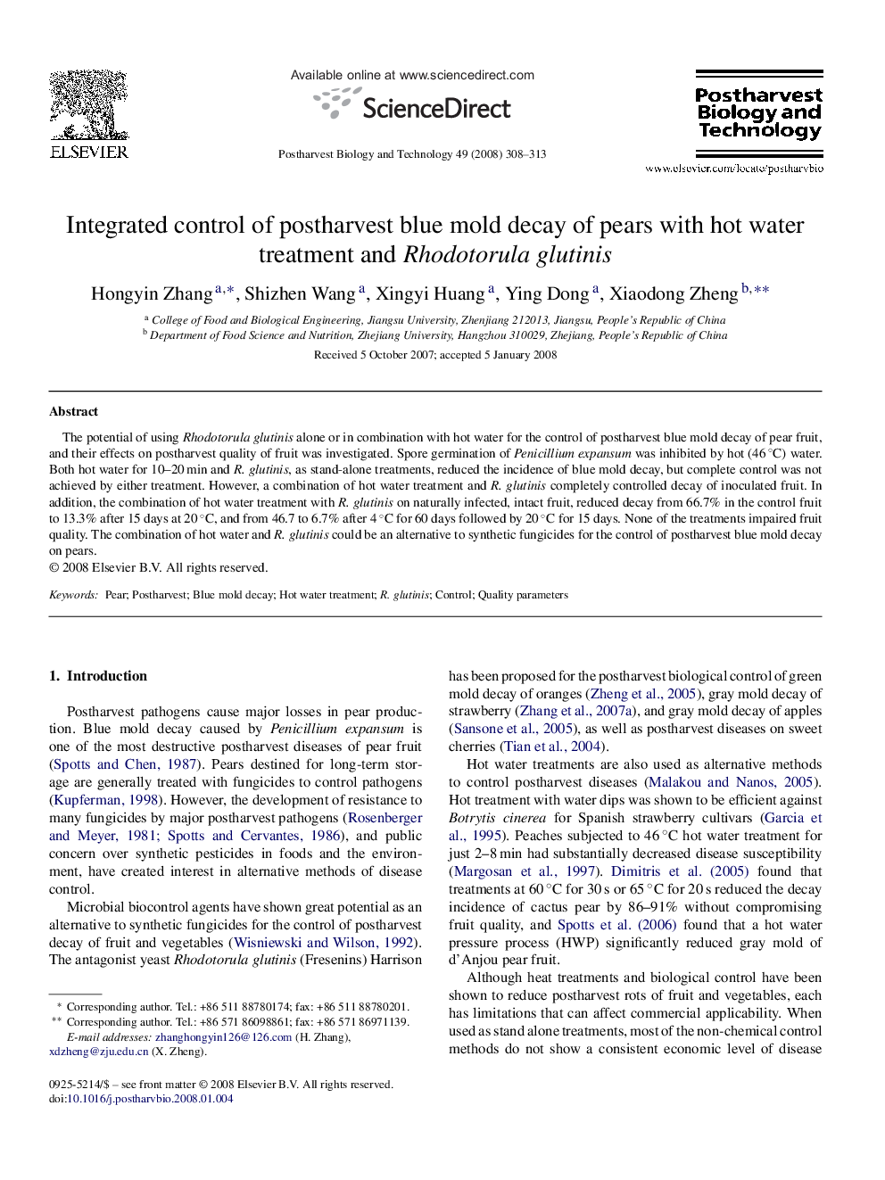 Integrated control of postharvest blue mold decay of pears with hot water treatment and Rhodotorula glutinis