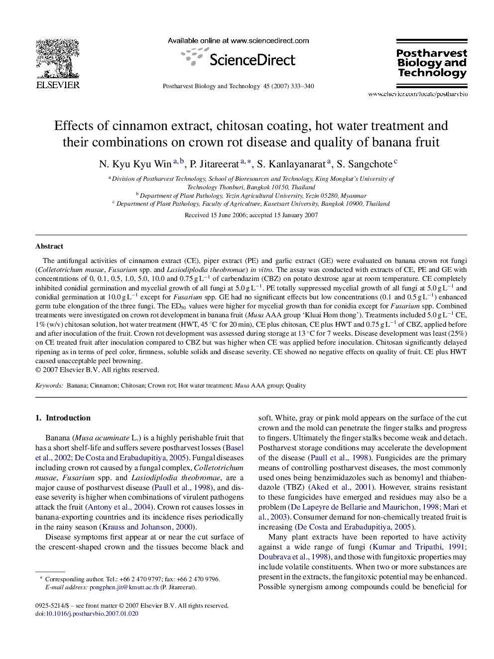 Effects of cinnamon extract, chitosan coating, hot water treatment and their combinations on crown rot disease and quality of banana fruit