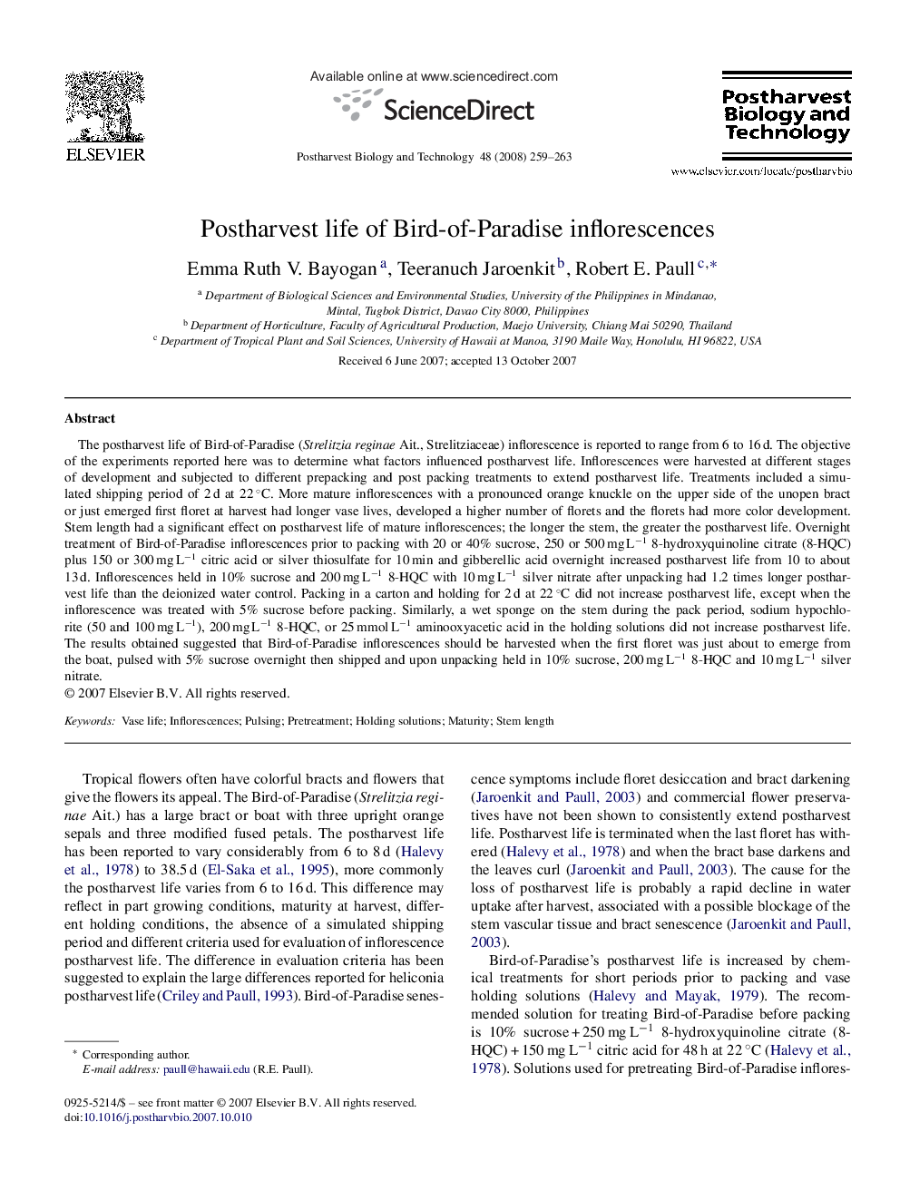 Postharvest life of Bird-of-Paradise inflorescences