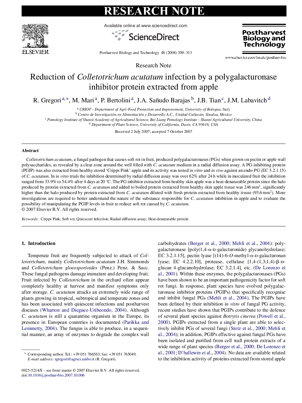 Reduction of Colletotrichum acutatum infection by a polygalacturonase inhibitor protein extracted from apple