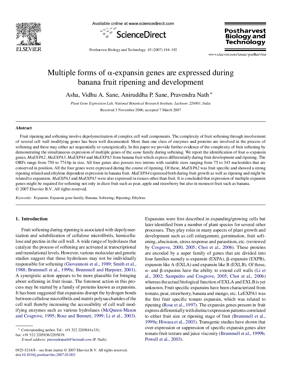 Multiple forms of α-expansin genes are expressed during banana fruit ripening and development