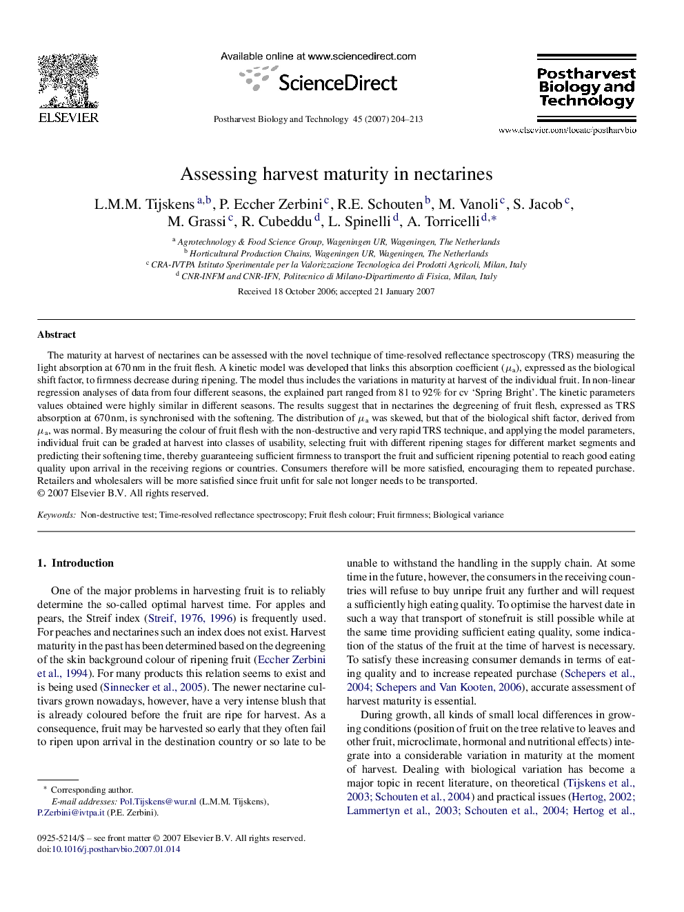 Assessing harvest maturity in nectarines