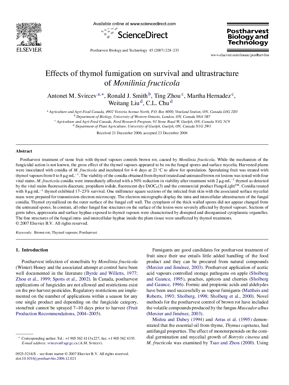 Effects of thymol fumigation on survival and ultrastracture of Monilinia fructicola