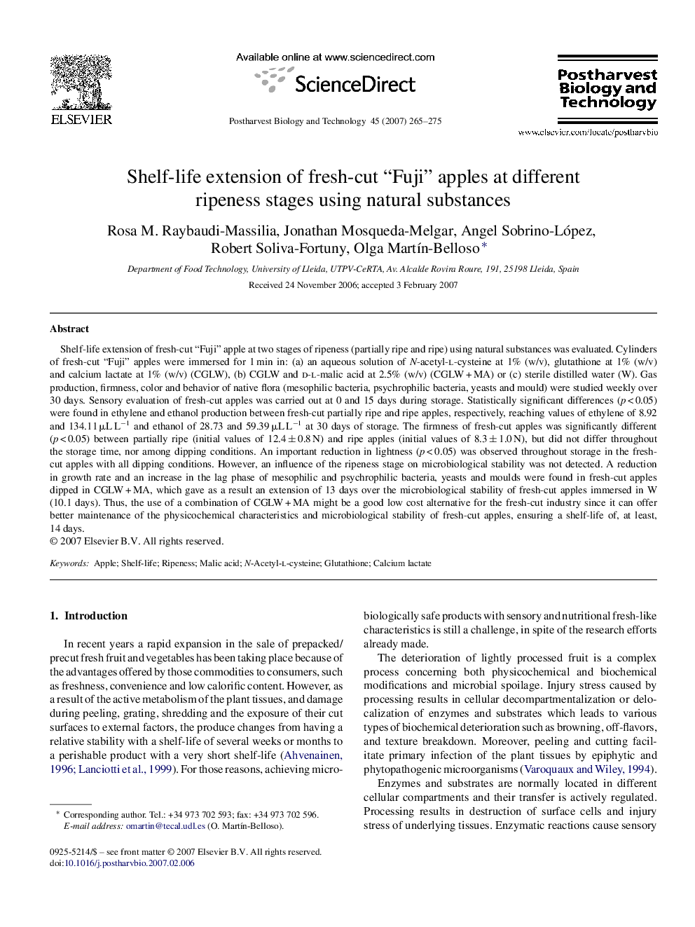 Shelf-life extension of fresh-cut “Fuji” apples at different ripeness stages using natural substances