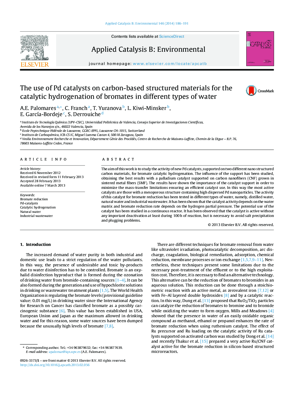 The use of Pd catalysts on carbon-based structured materials for the catalytic hydrogenation of bromates in different types of water