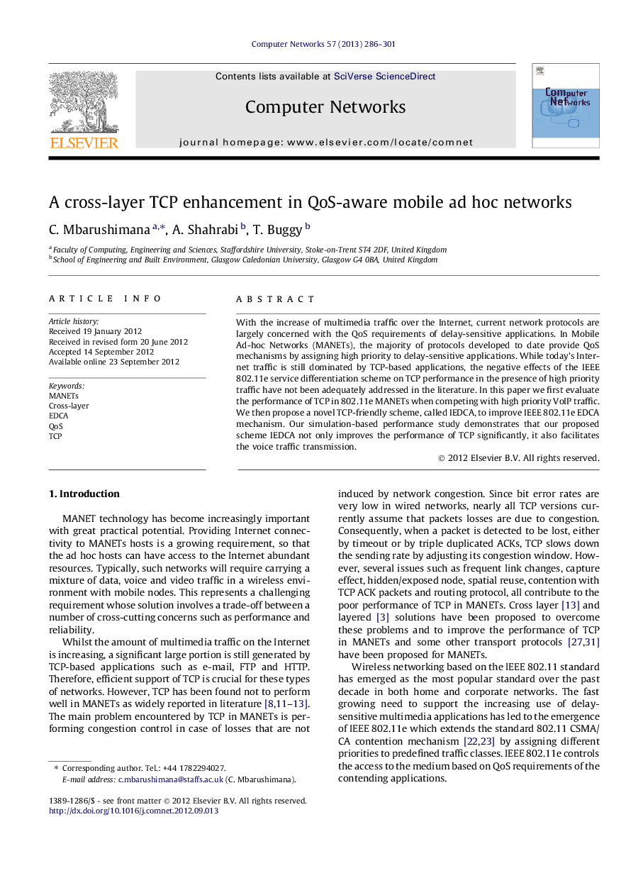 A cross-layer TCP enhancement in QoS-aware mobile ad hoc networks