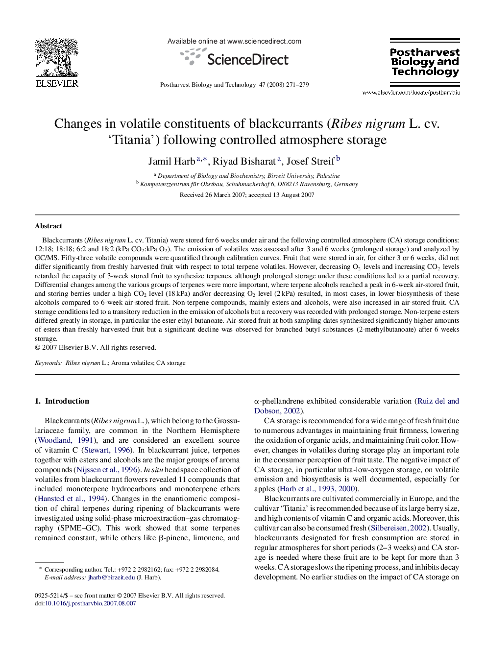 Changes in volatile constituents of blackcurrants (Ribes nigrum L. cv. ‘Titania’) following controlled atmosphere storage