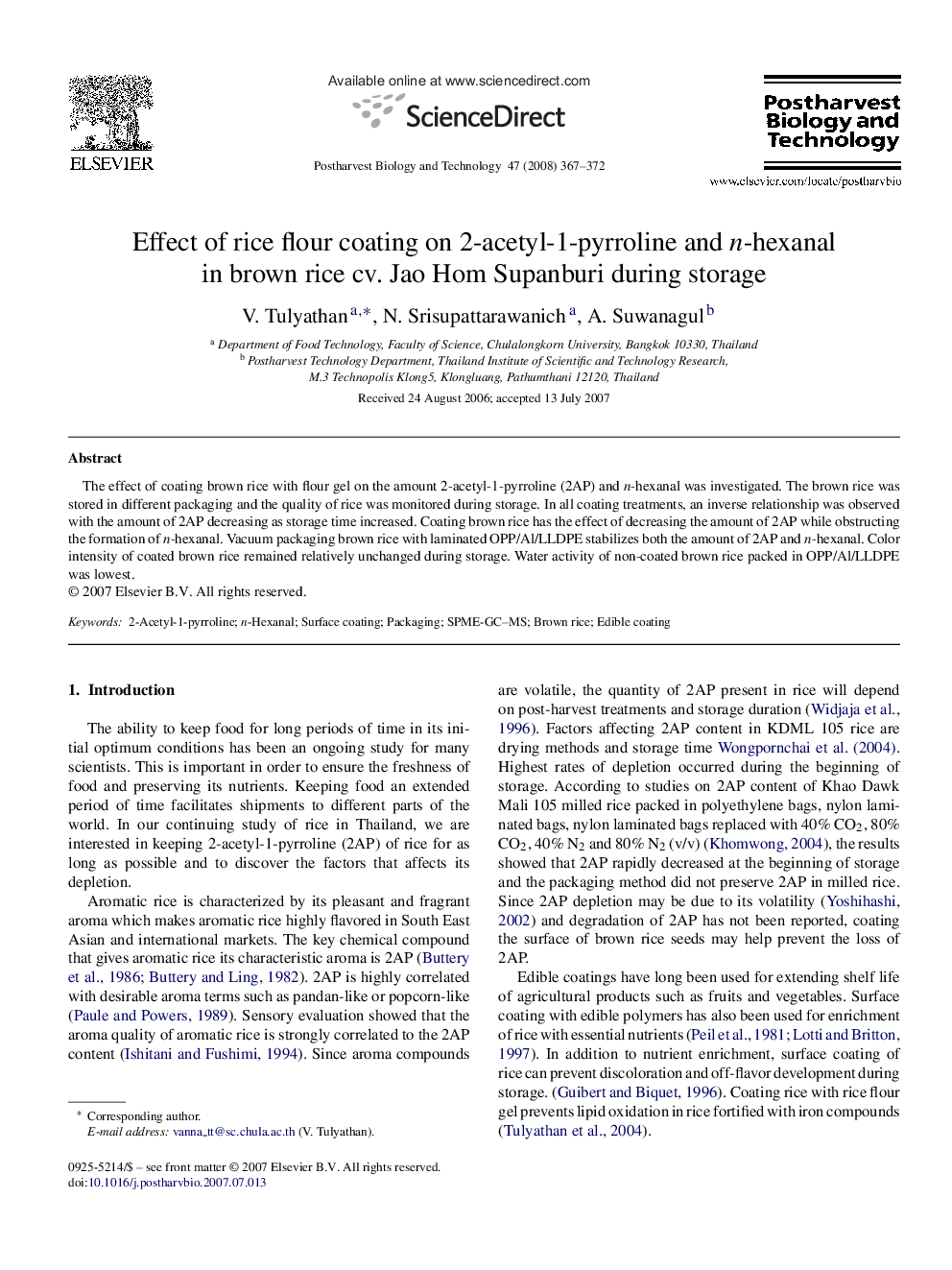 Effect of rice flour coating on 2-acetyl-1-pyrroline and n-hexanal in brown rice cv. Jao Hom Supanburi during storage