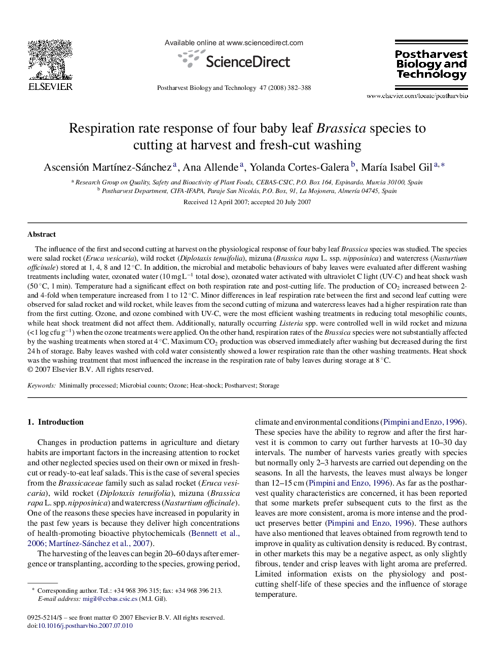 Respiration rate response of four baby leaf Brassica species to cutting at harvest and fresh-cut washing