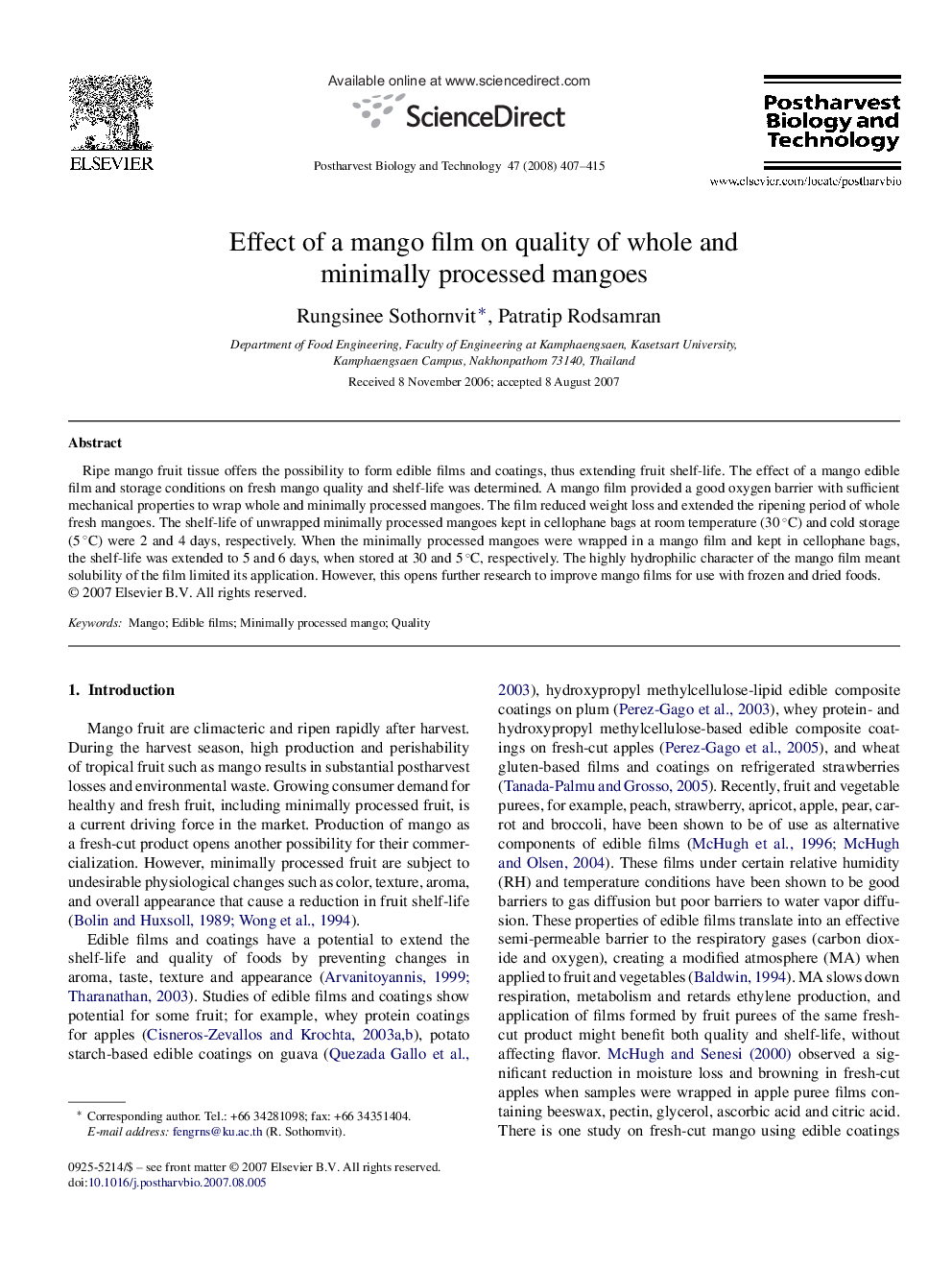 Effect of a mango film on quality of whole and minimally processed mangoes