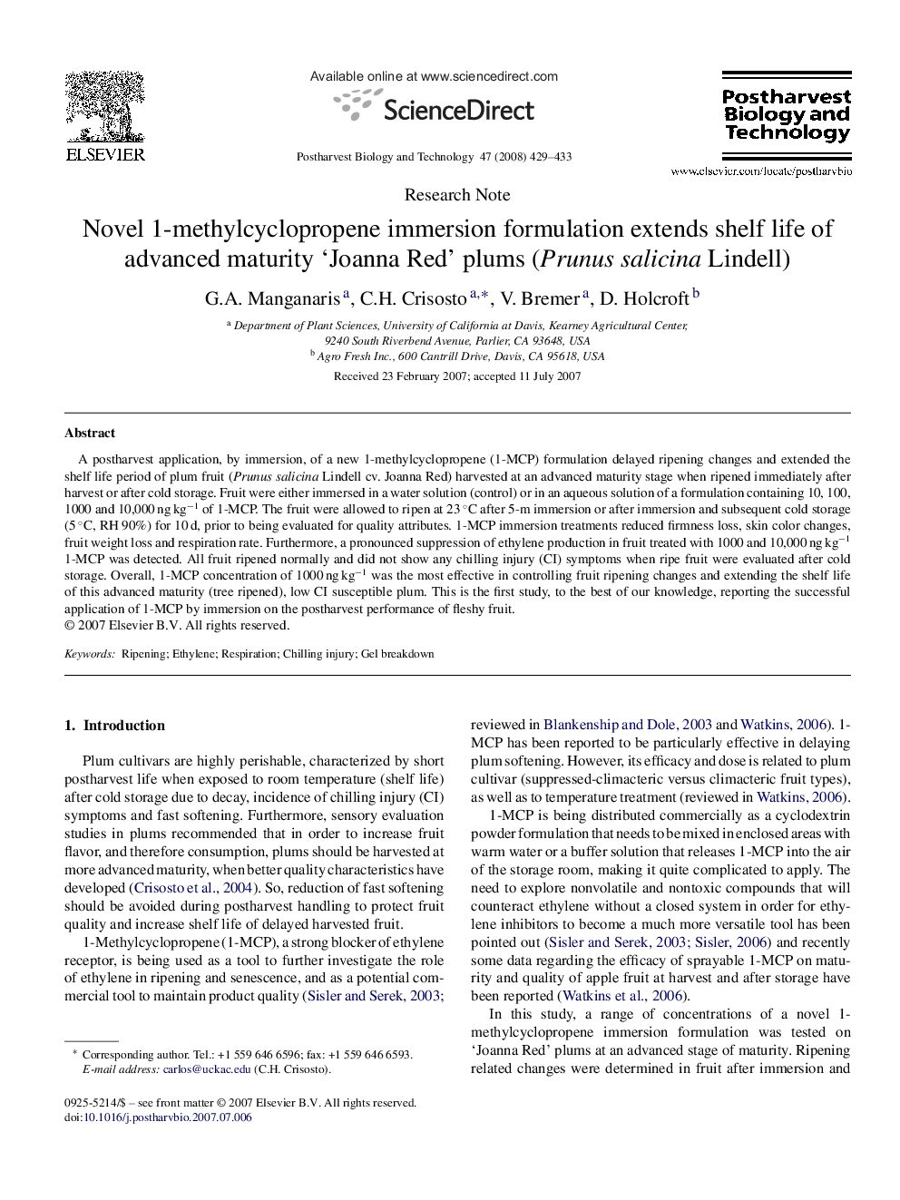 Novel 1-methylcyclopropene immersion formulation extends shelf life of advanced maturity 'Joanna Red' plums (Prunus salicina Lindell)