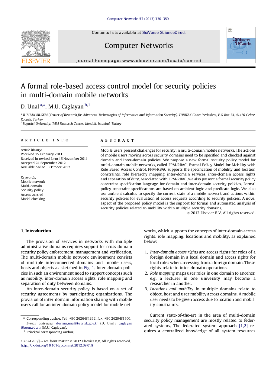 A formal role-based access control model for security policies in multi-domain mobile networks