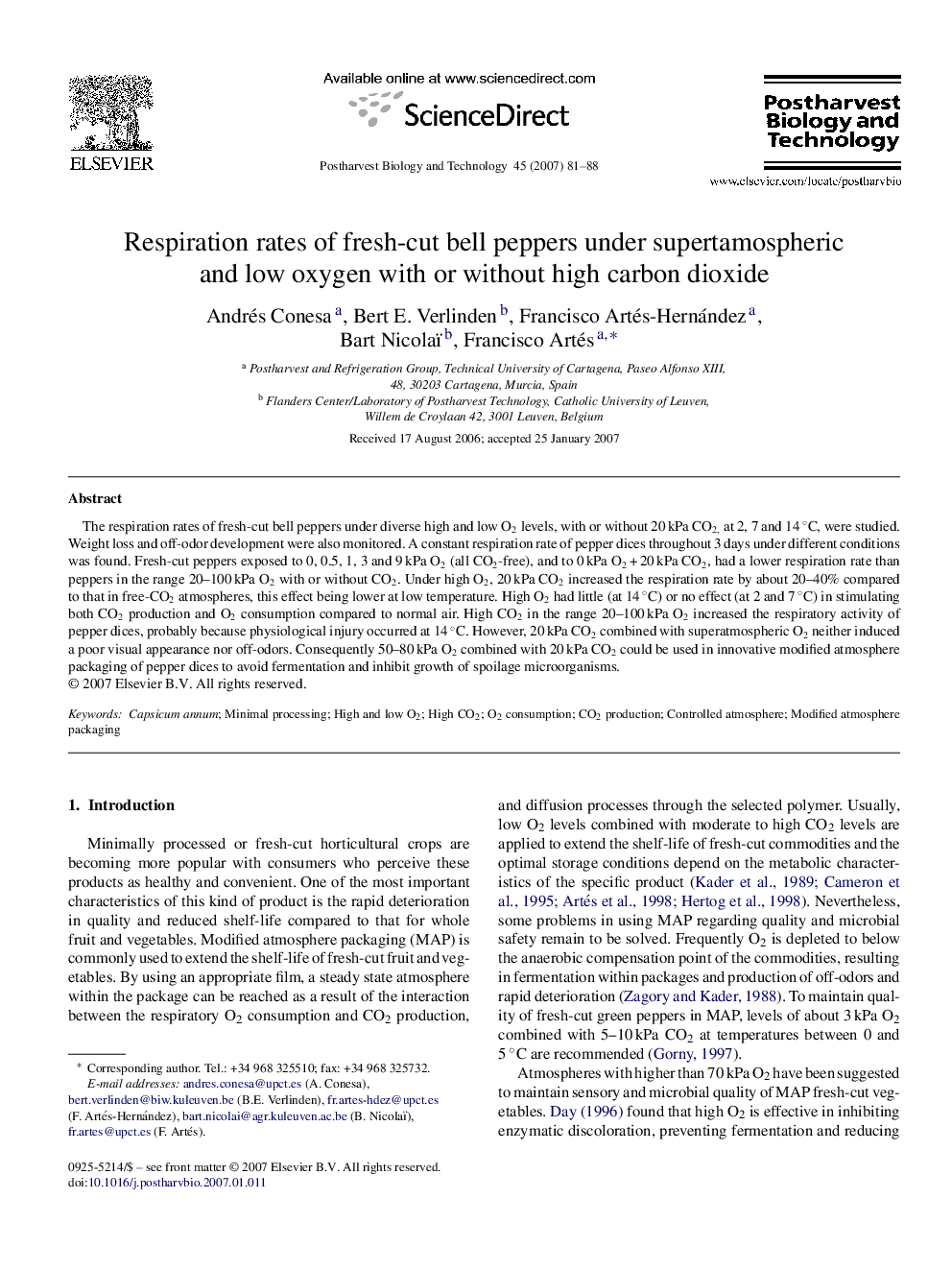 Respiration rates of fresh-cut bell peppers under supertamospheric and low oxygen with or without high carbon dioxide