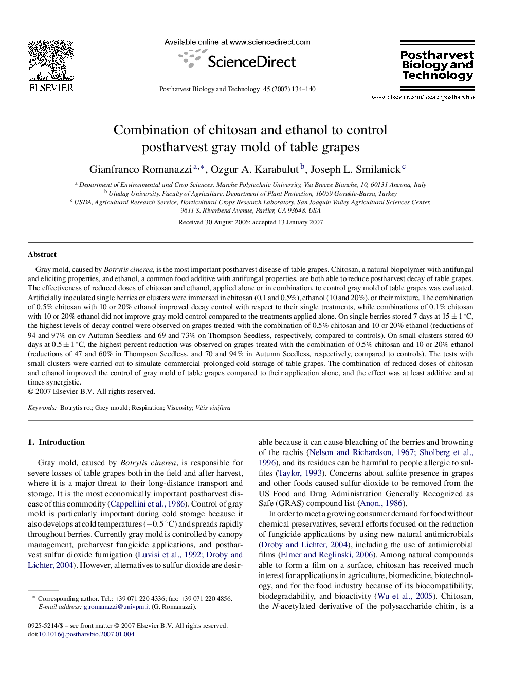 Combination of chitosan and ethanol to control postharvest gray mold of table grapes