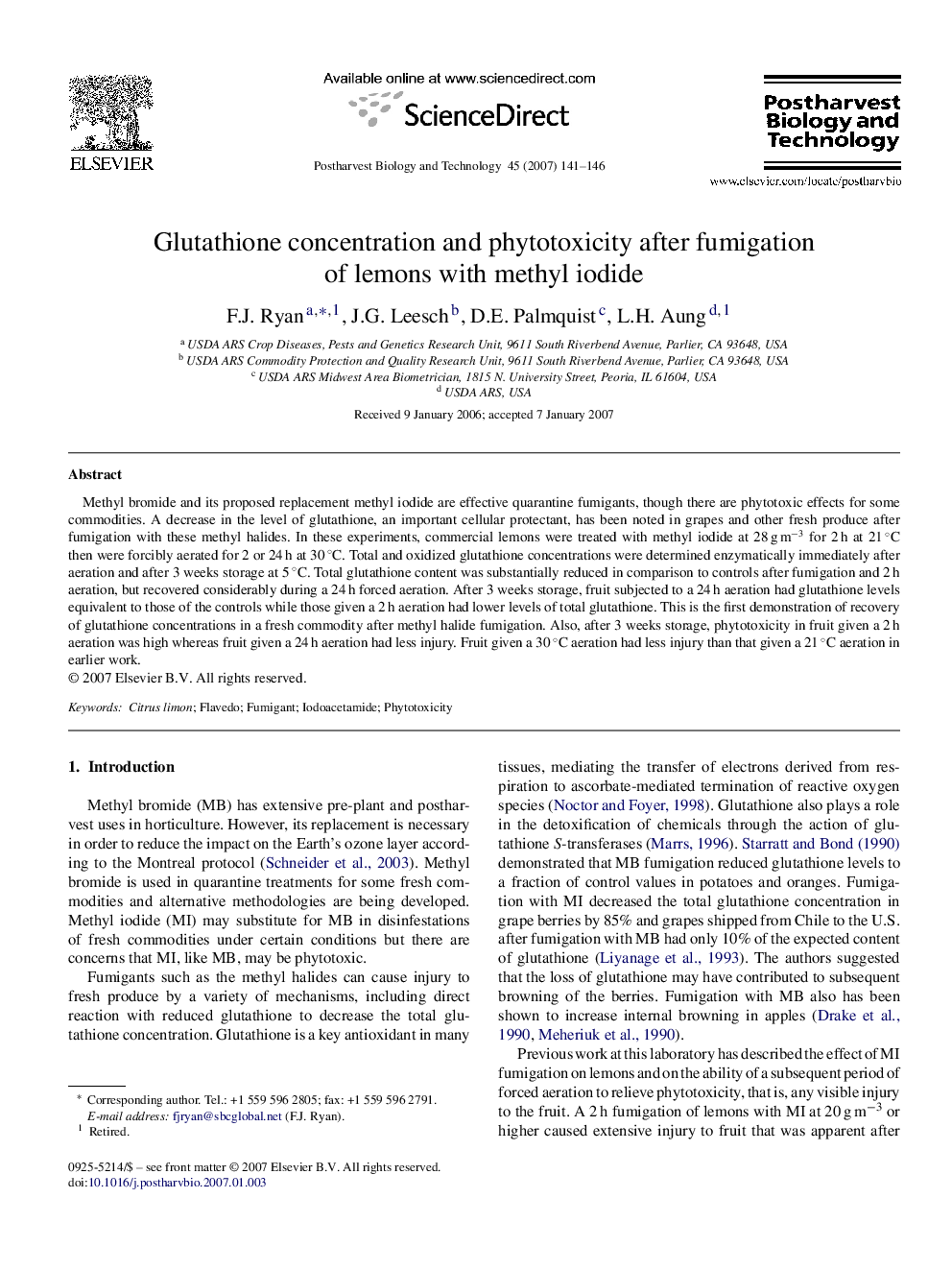 Glutathione concentration and phytotoxicity after fumigation of lemons with methyl iodide