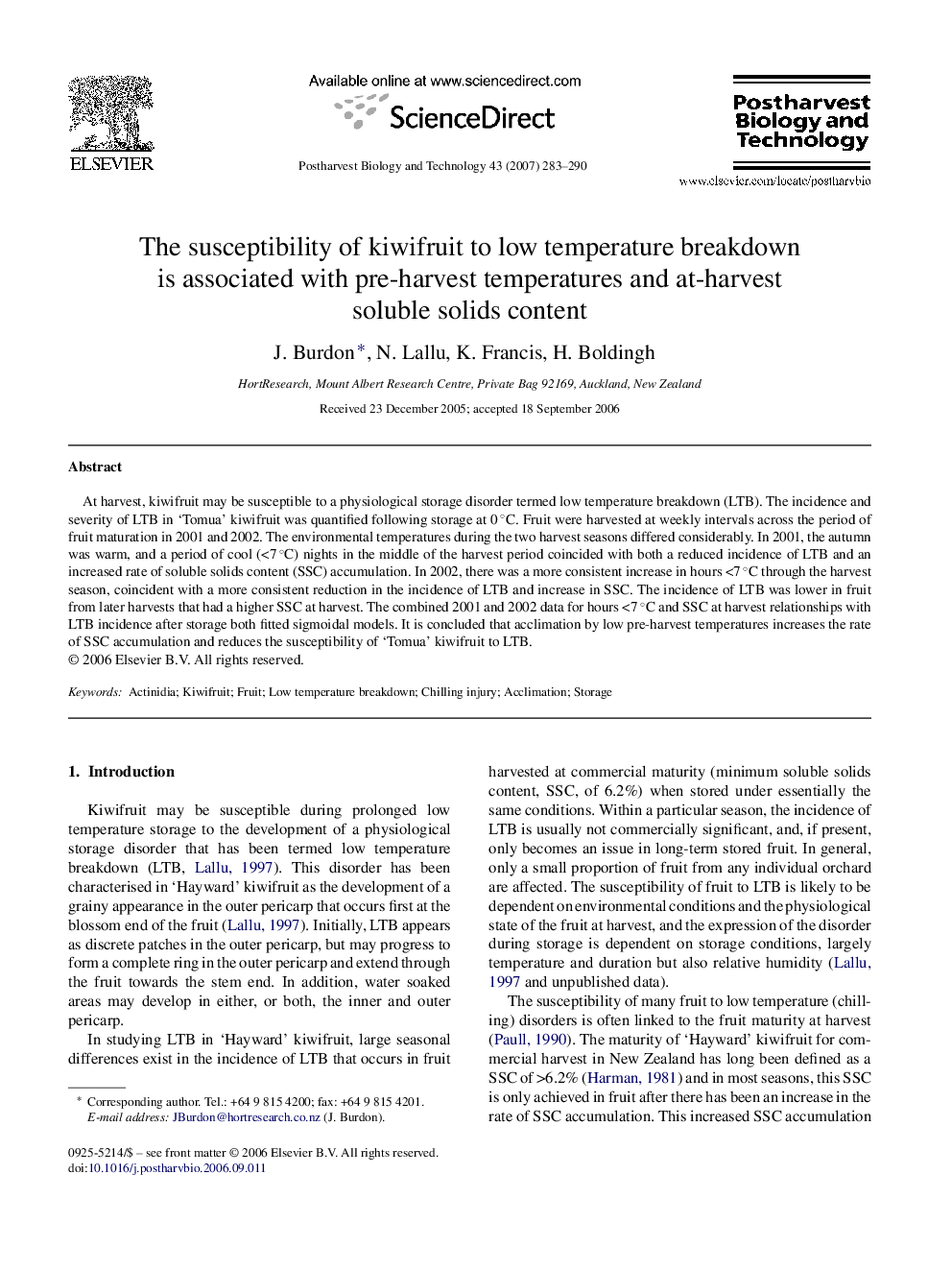 The susceptibility of kiwifruit to low temperature breakdown is associated with pre-harvest temperatures and at-harvest soluble solids content