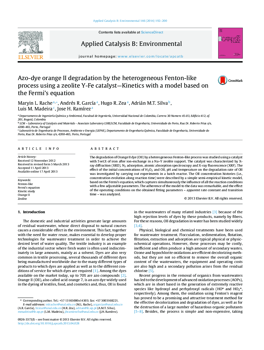 Azo-dye orange II degradation by the heterogeneous Fenton-like process using a zeolite Y-Fe catalyst—Kinetics with a model based on the Fermi's equation