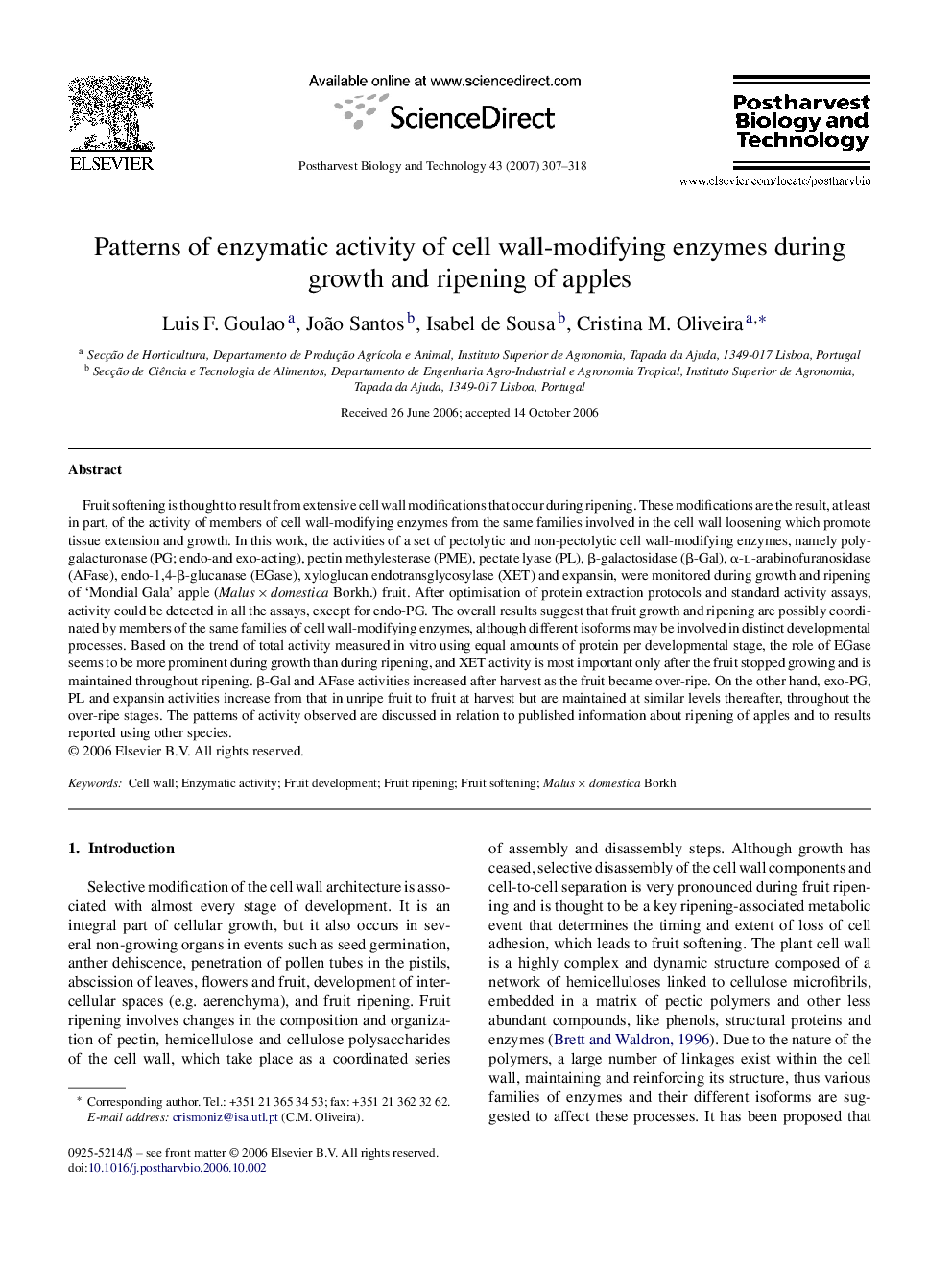 Patterns of enzymatic activity of cell wall-modifying enzymes during growth and ripening of apples