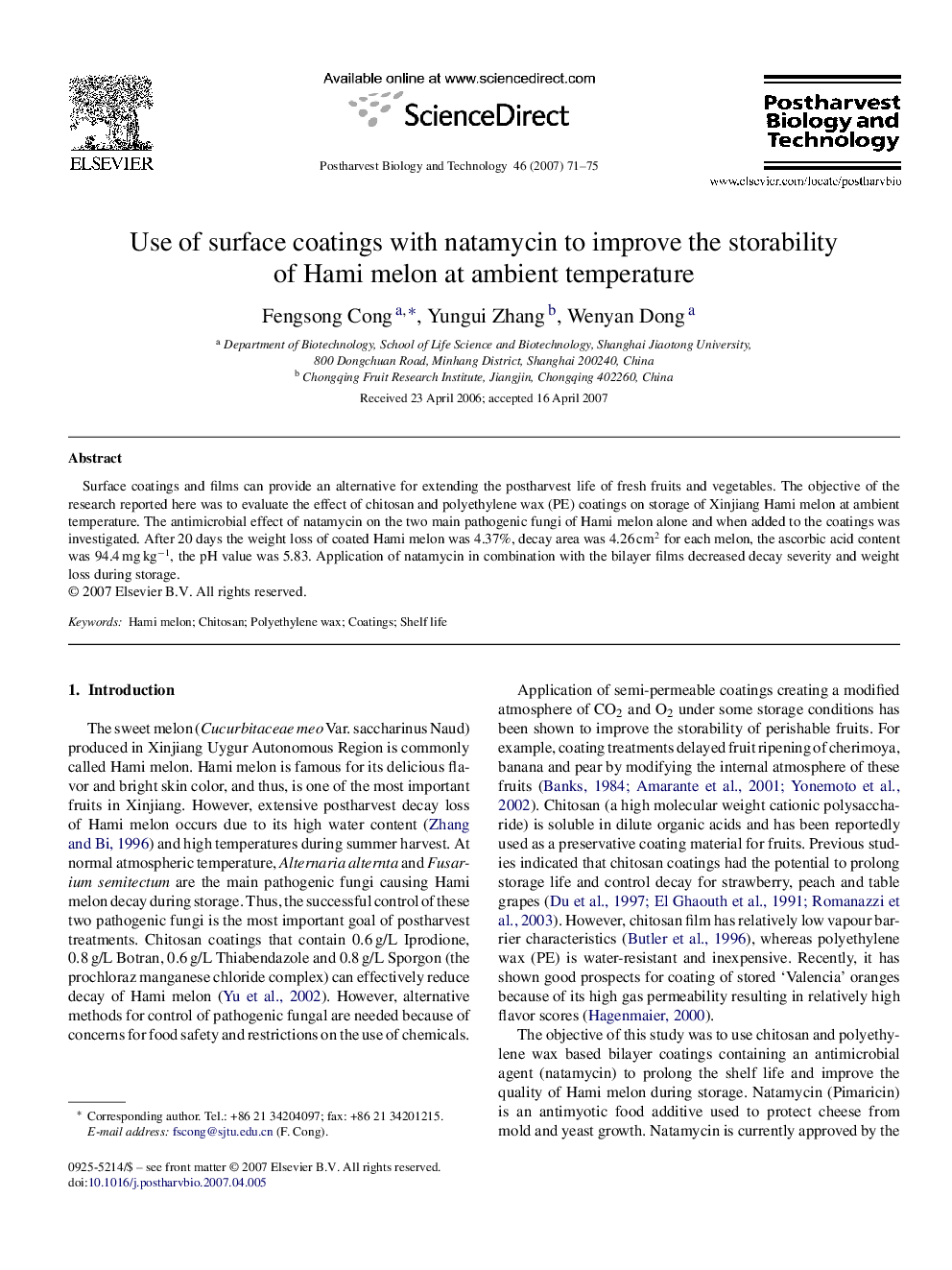 Use of surface coatings with natamycin to improve the storability of Hami melon at ambient temperature