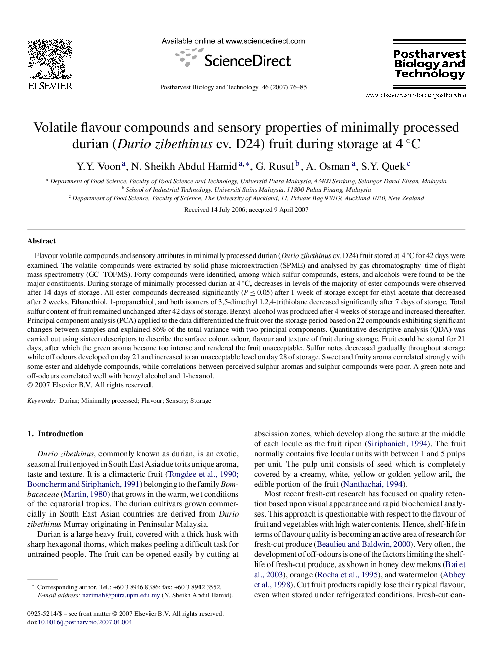 Volatile flavour compounds and sensory properties of minimally processed durian (Durio zibethinus cv. D24) fruit during storage at 4 °C