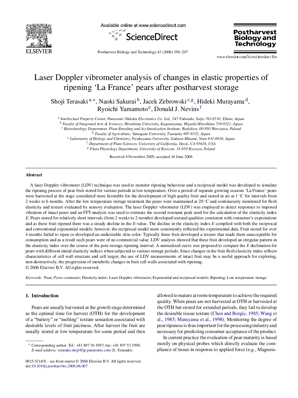 Laser Doppler vibrometer analysis of changes in elastic properties of ripening ‘La France’ pears after postharvest storage