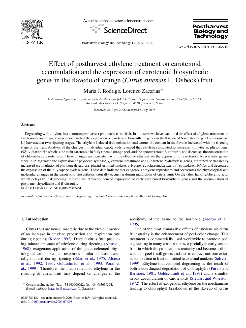 Effect of postharvest ethylene treatment on carotenoid accumulation and the expression of carotenoid biosynthetic genes in the flavedo of orange (Citrus sinensis L. Osbeck) fruit