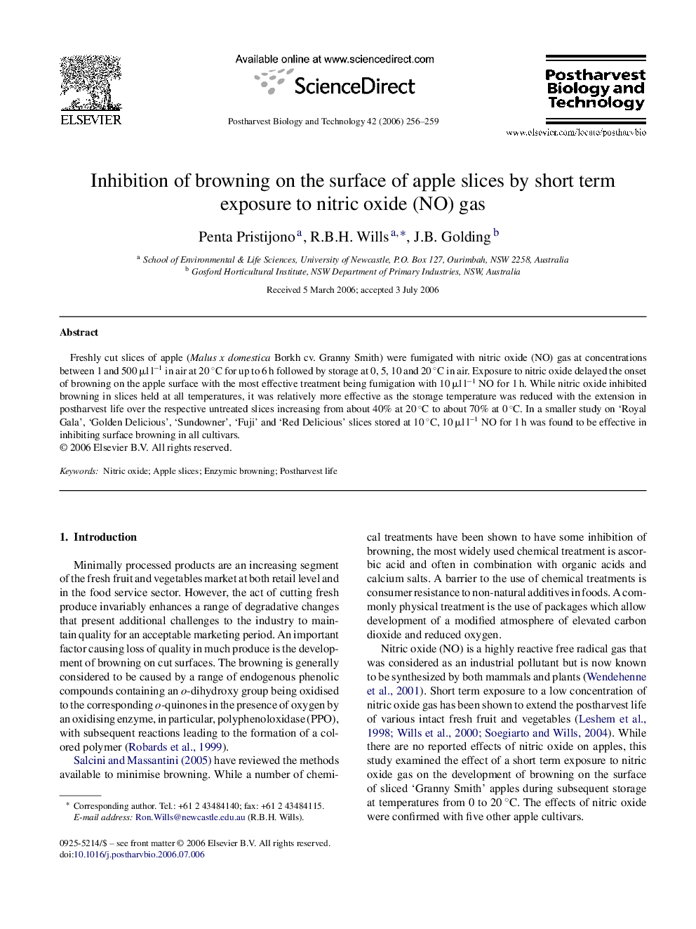 Inhibition of browning on the surface of apple slices by short term exposure to nitric oxide (NO) gas