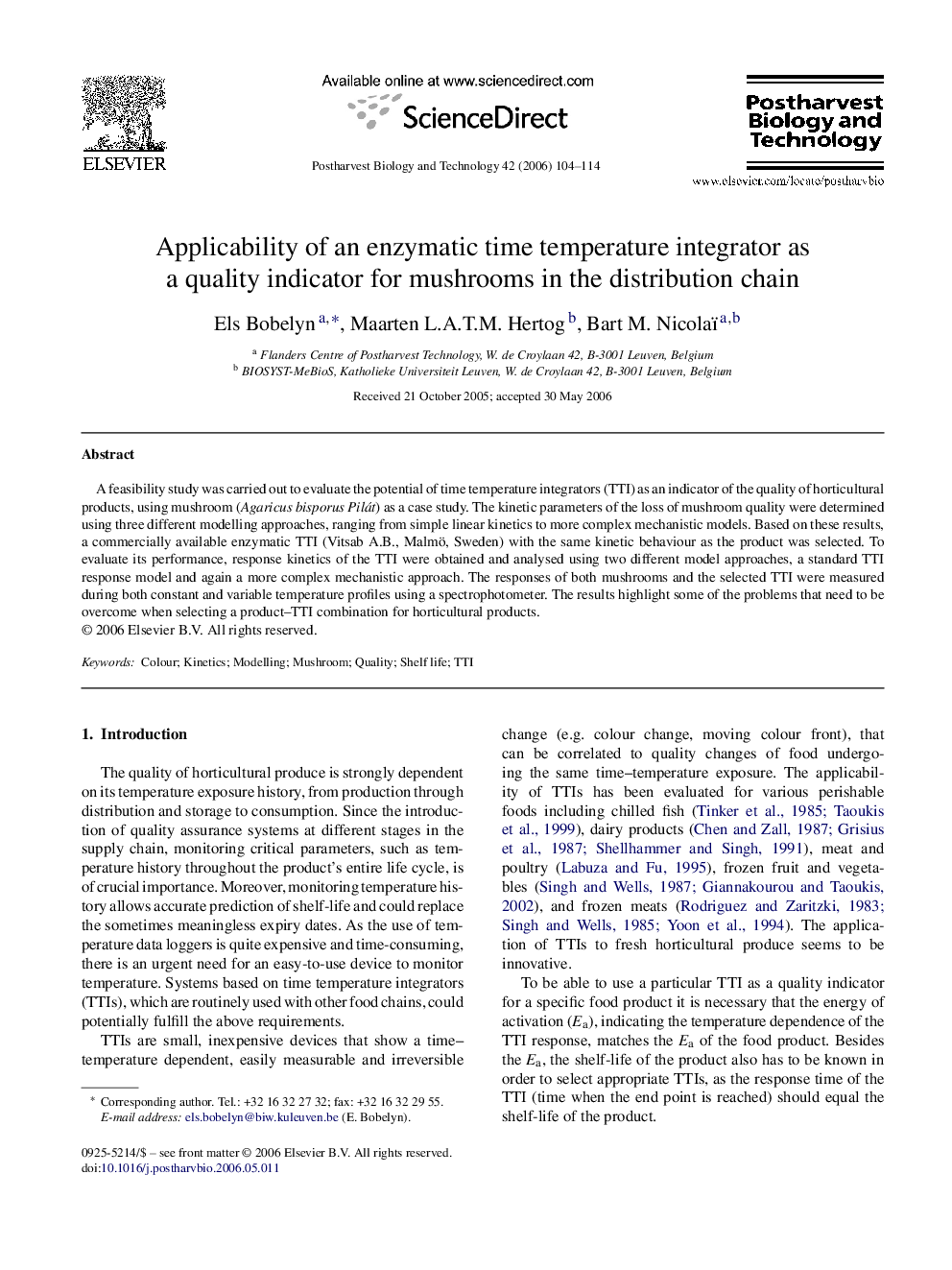 Applicability of an enzymatic time temperature integrator as a quality indicator for mushrooms in the distribution chain