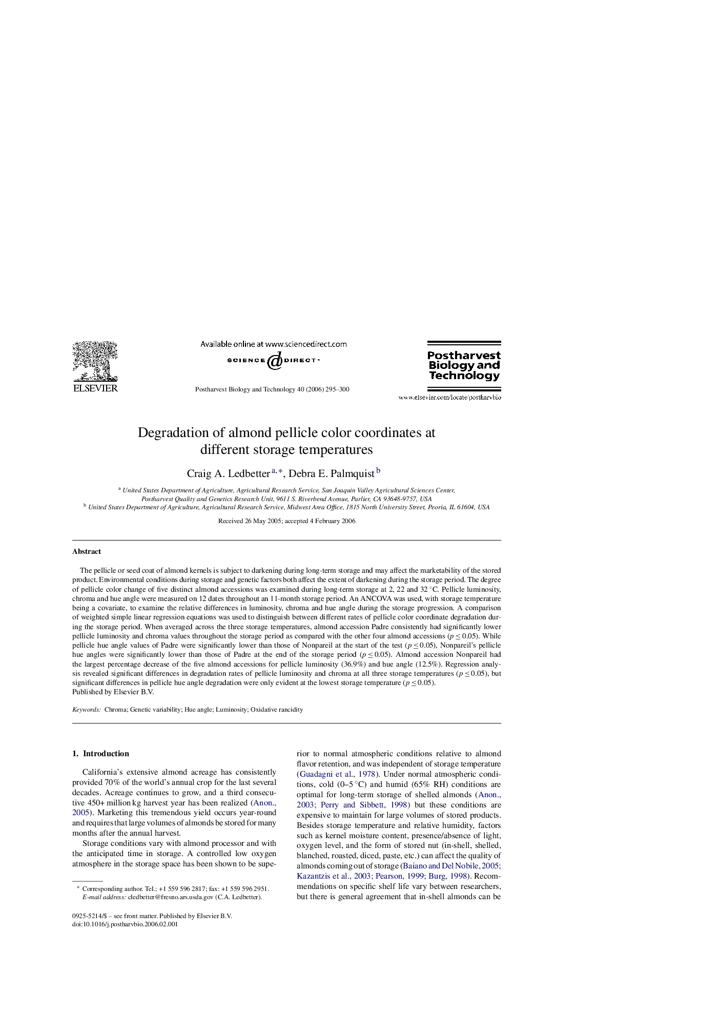 Degradation of almond pellicle color coordinates at different storage temperatures