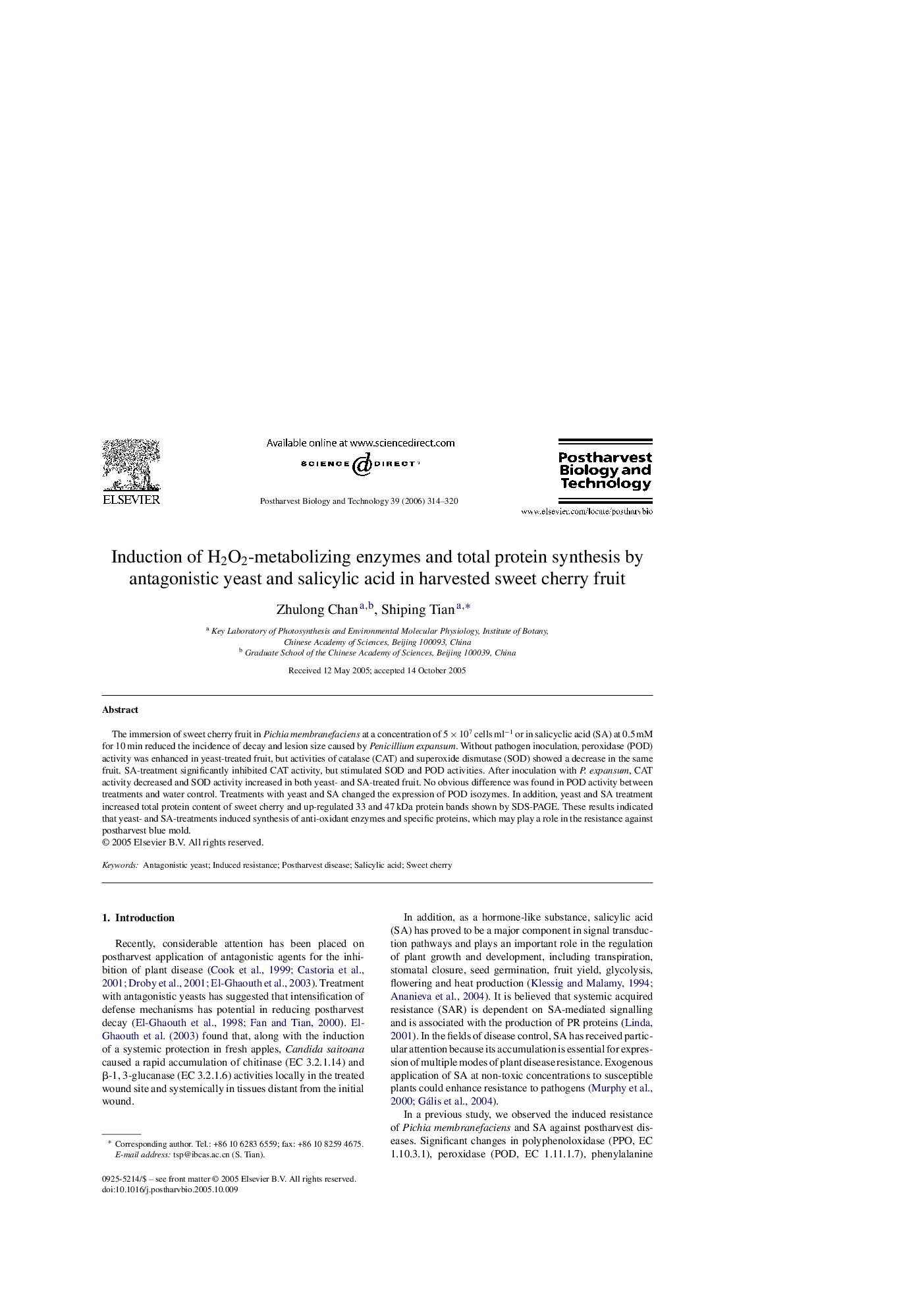 Induction of H2O2-metabolizing enzymes and total protein synthesis by antagonistic yeast and salicylic acid in harvested sweet cherry fruit