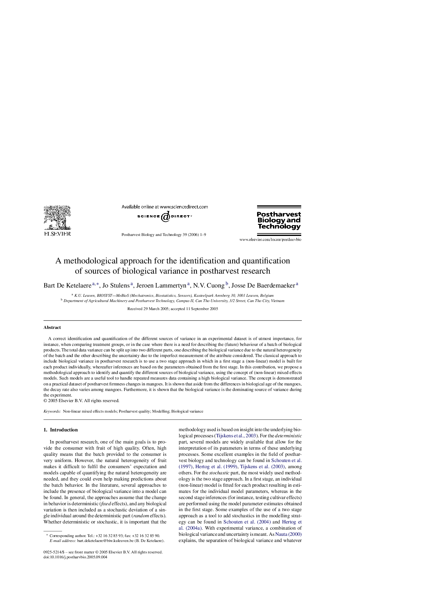 A methodological approach for the identification and quantification of sources of biological variance in postharvest research