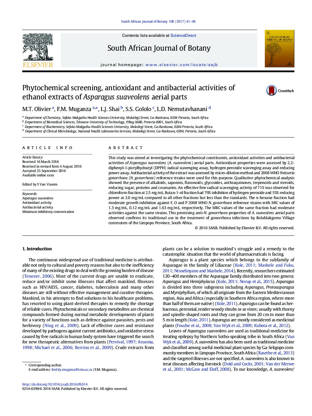 Phytochemical screening, antioxidant and antibacterial activities of ethanol extracts of Asparagus suaveolens aerial parts