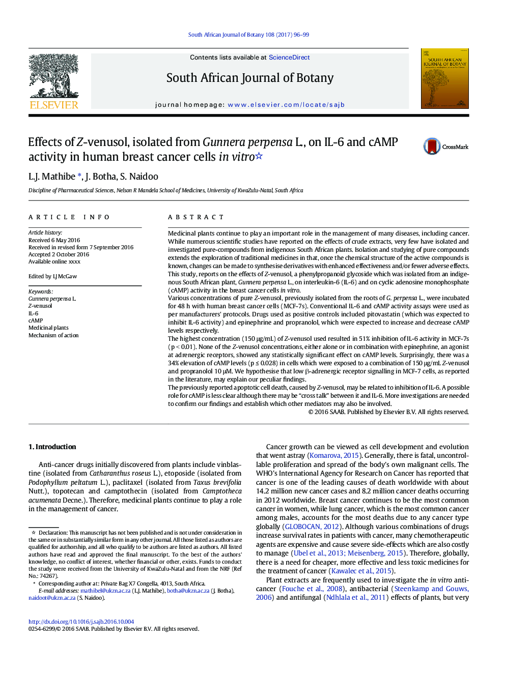 Effects of Z-venusol, isolated from Gunnera perpensa L., on IL-6 and cAMP activity in human breast cancer cells in vitro 