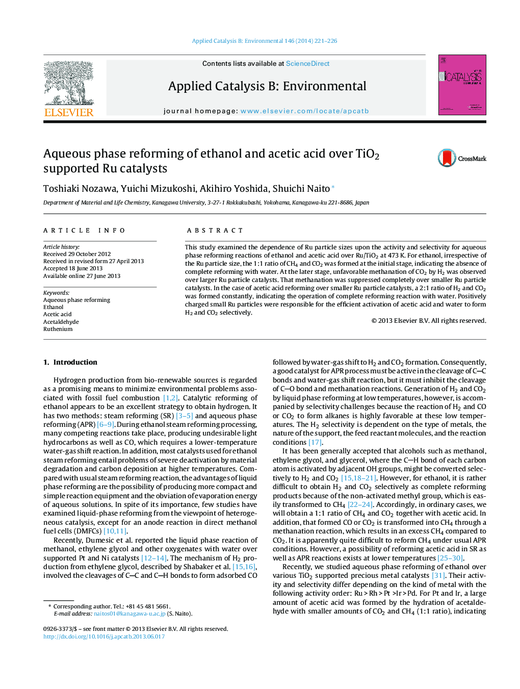 Aqueous phase reforming of ethanol and acetic acid over TiO2 supported Ru catalysts