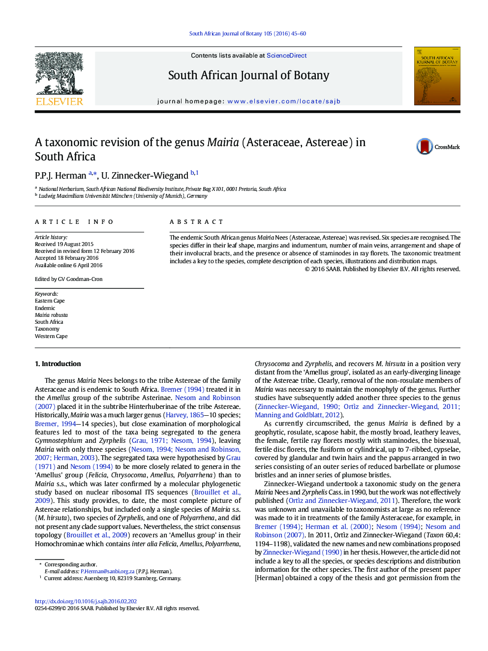 A taxonomic revision of the genus Mairia (Asteraceae, Astereae) in South Africa