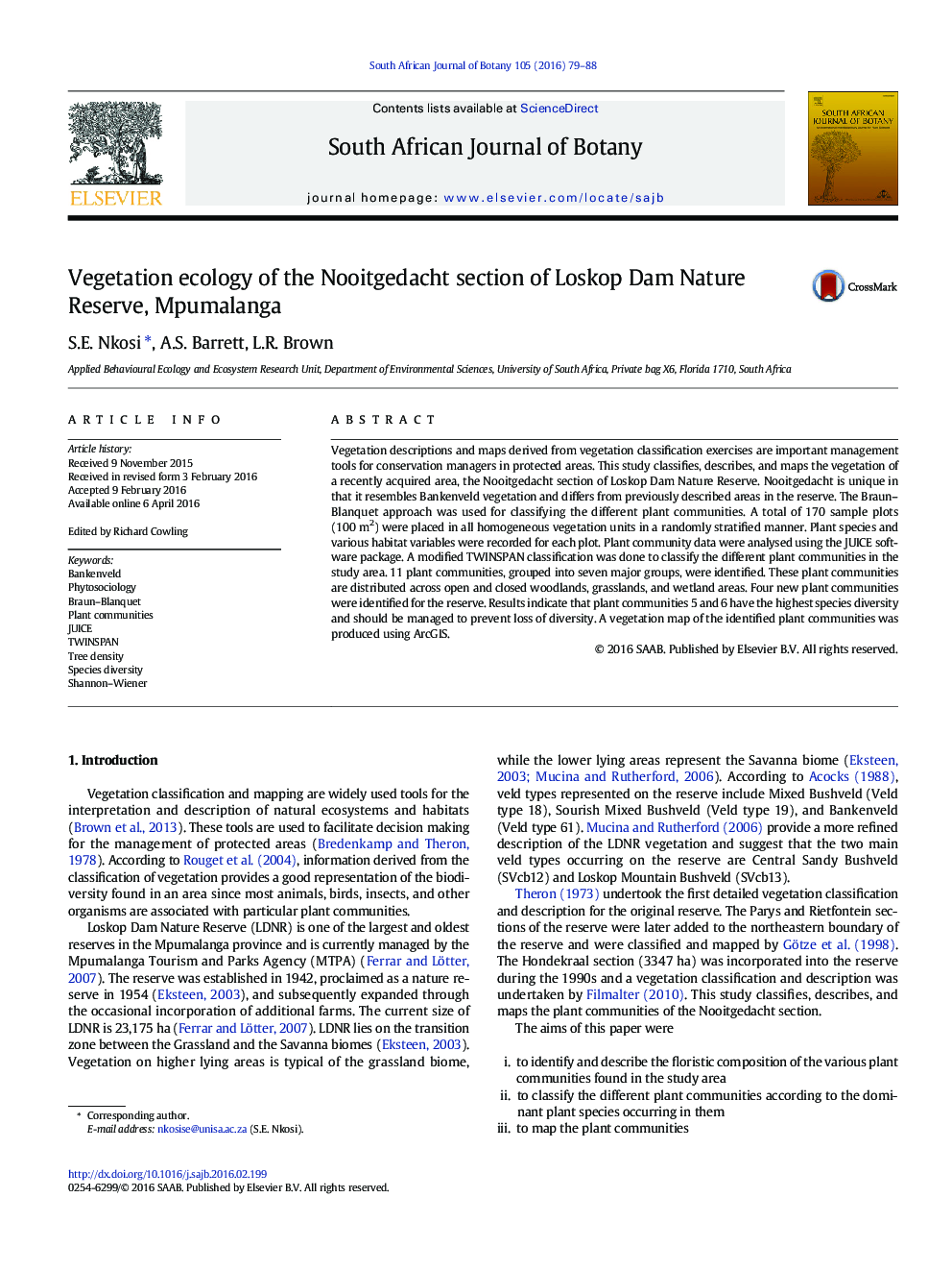 Vegetation ecology of the Nooitgedacht section of Loskop Dam Nature Reserve, Mpumalanga