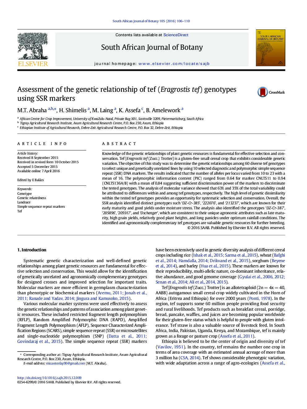 Assessment of the genetic relationship of tef (Eragrostis tef) genotypes using SSR markers