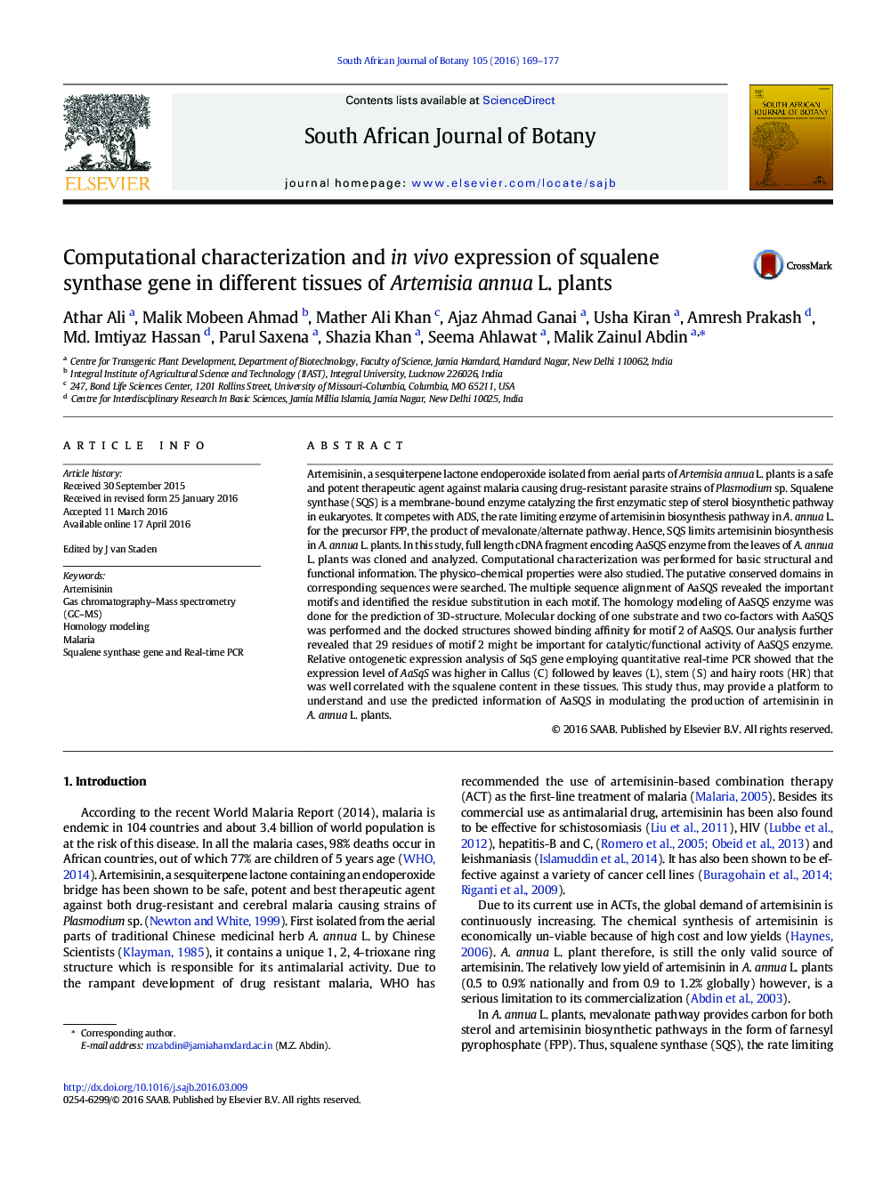 Computational characterization and in vivo expression of squalene synthase gene in different tissues of Artemisia annua L. plants