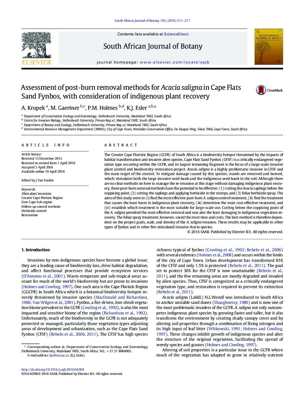 Assessment of post-burn removal methods for Acacia saligna in Cape Flats Sand Fynbos, with consideration of indigenous plant recovery