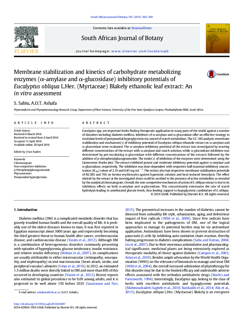 Membrane stabilization and kinetics of carbohydrate metabolizing enzymes (α-amylase and α-glucosidase) inhibitory potentials of Eucalyptus obliqua L.Her. (Myrtaceae) Blakely ethanolic leaf extract: An in vitro assessment