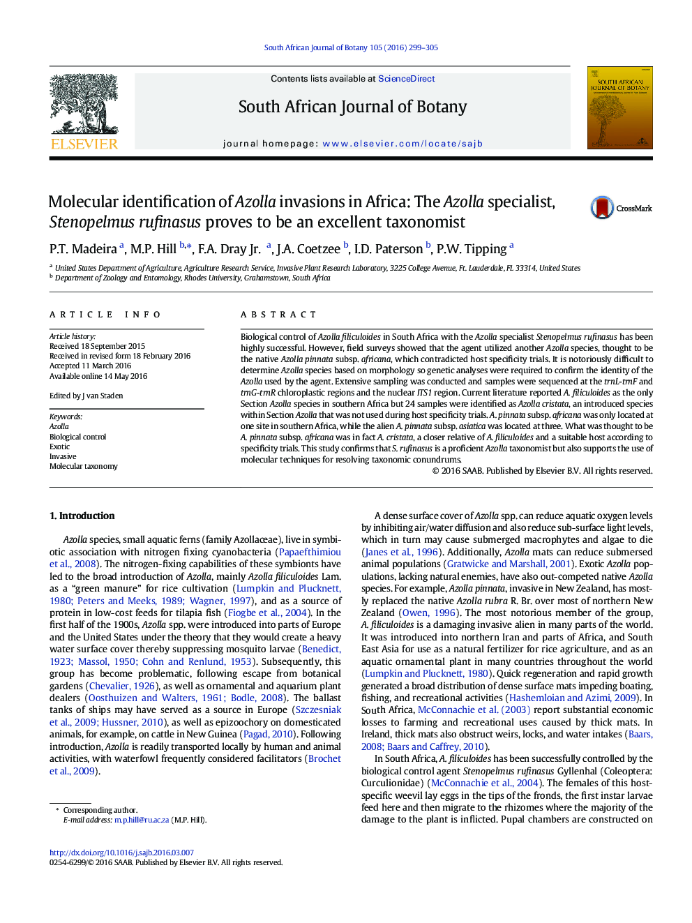 Molecular identification of Azolla invasions in Africa: The Azolla specialist, Stenopelmus rufinasus proves to be an excellent taxonomist