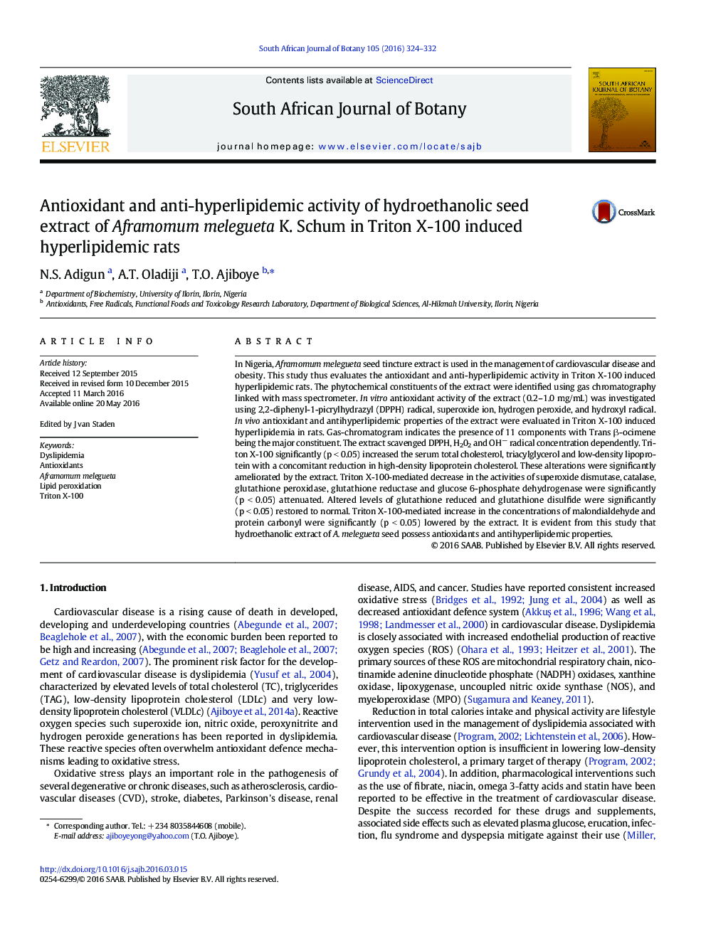 Antioxidant and anti-hyperlipidemic activity of hydroethanolic seed extract of Aframomum melegueta K. Schum in Triton X-100 induced hyperlipidemic rats
